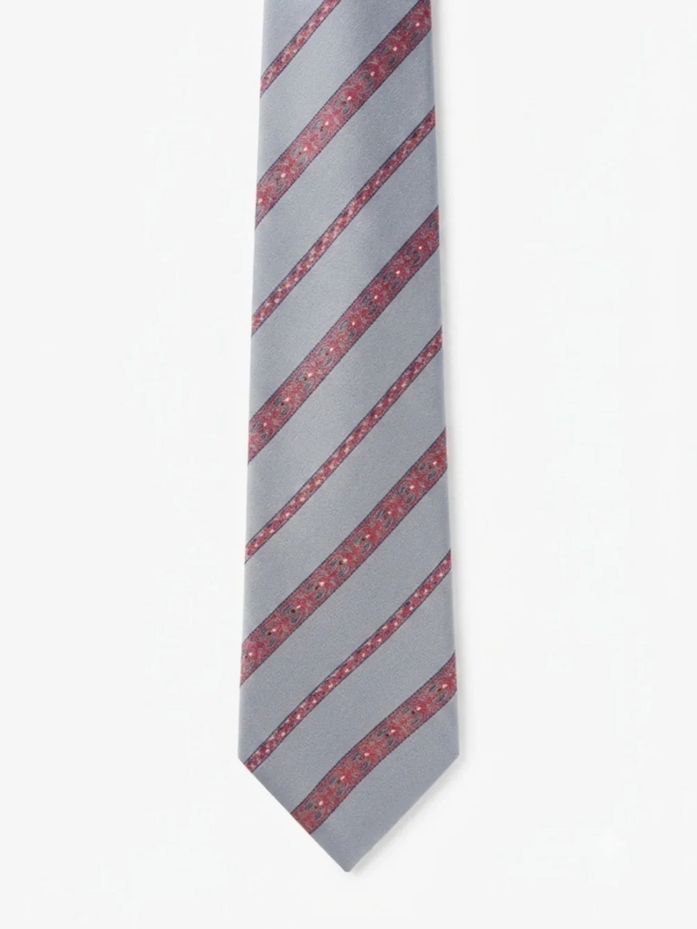 Vintage Geoffrey Beene Silk Tie – Grey with Red & Navy Stripe Detail – Hand Made